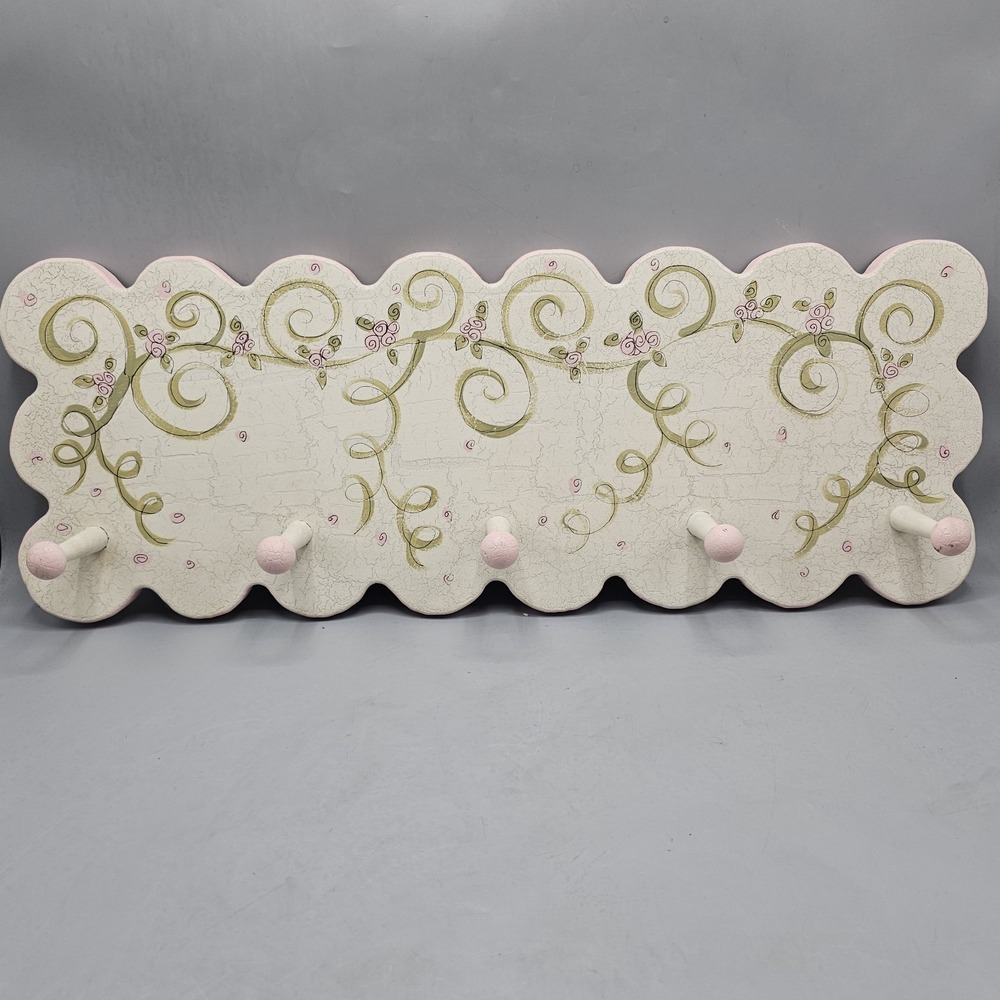 Vintage Wood Hand Painted Crackle Wall Coat Rack Cottagecore Floral Shabby Chic